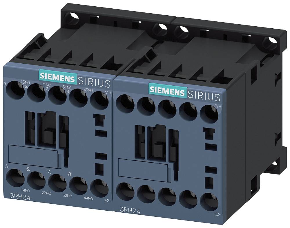 Siemensov SIRIUS kontaktor, dvopolni, ohišje črno-modre barve, namenjen industrijskim električnim krmilnim sistemom.