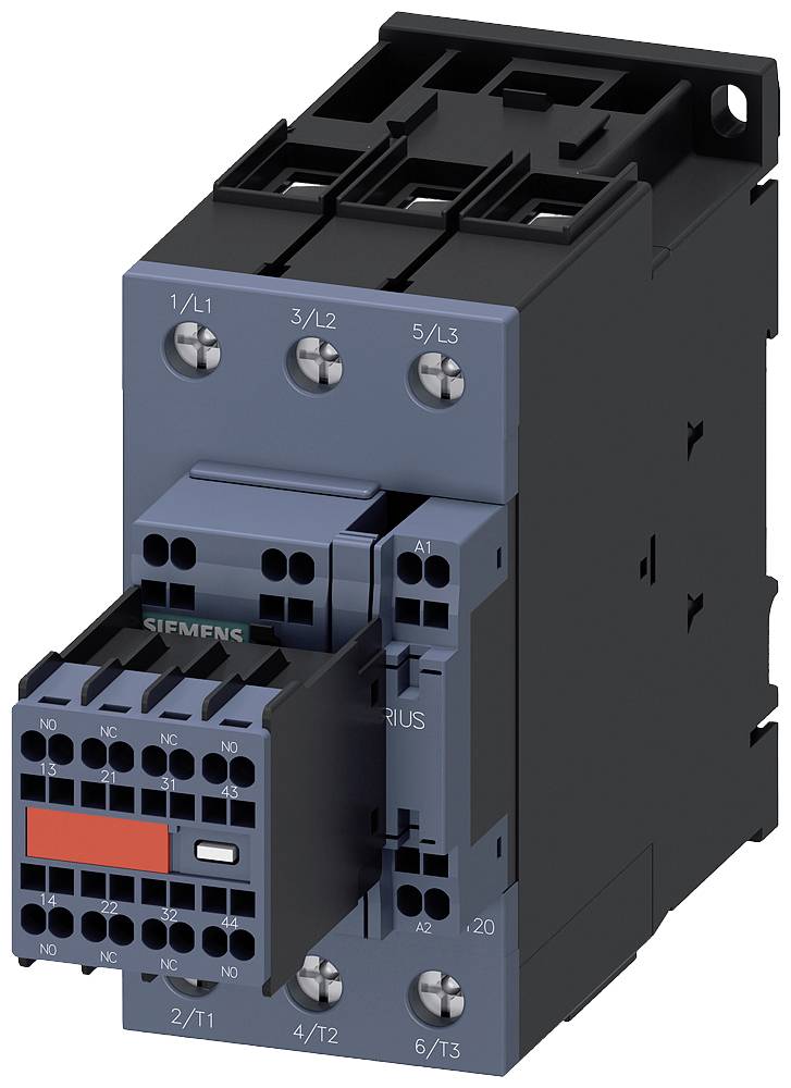 Elektromagnetski kontaktor za industrijske aplikacije, ohišje črno-modre barve, vidne modelne oznake in priključki.