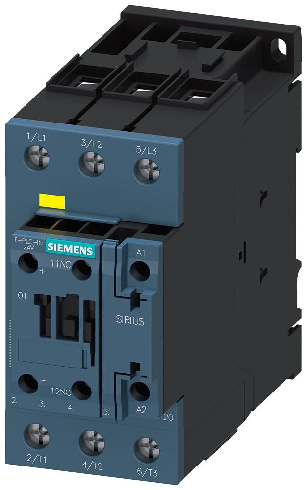 Električni kontaktor SIEMENS, model SIRIUS, s priključki in oznakami za 3-polne električne tokokroge za krmiljenje.