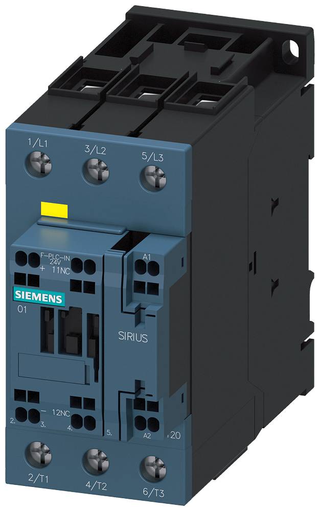 Kontaktor v ohišju z logotipom Siemens, tip Sirius. Uporablja električni tok za krmiljenje stroja.