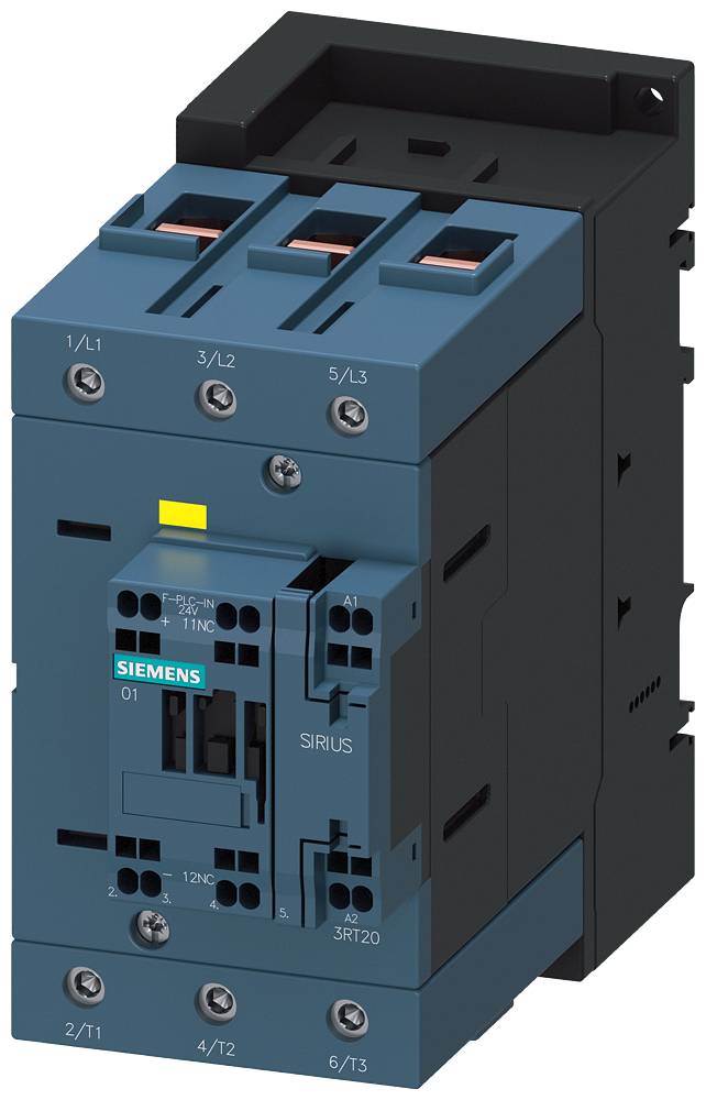 Moder Siemensov kontaktor, model 'Sirius', prikazuje oznake za L1, L2, L3, z priključki in vijaki na črni ohišju.