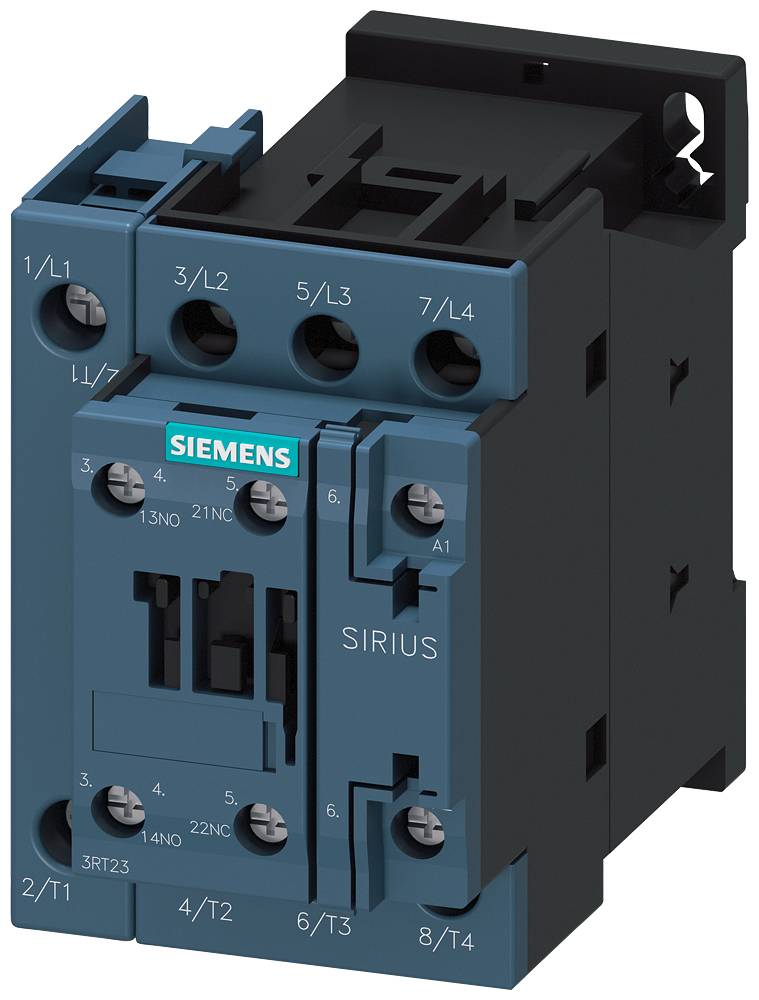 Modri električni kontaktor Siemens z večimi priključnimi sponkami in oznakami, primeren za preklopne aplikacije.