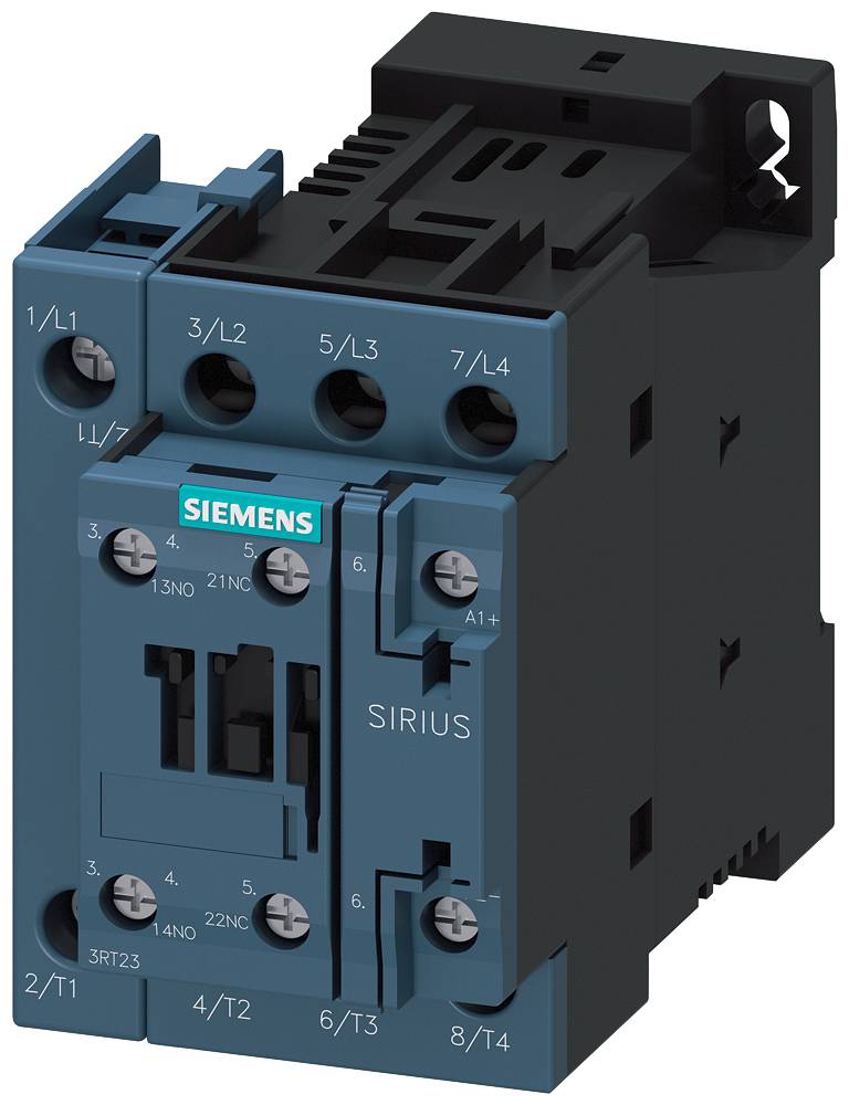 Moder Siemensov SIRIUS kontaktor z več priključnimi sponkami, primeren za krmiljenje in preklapljanje električnih obremenitev.