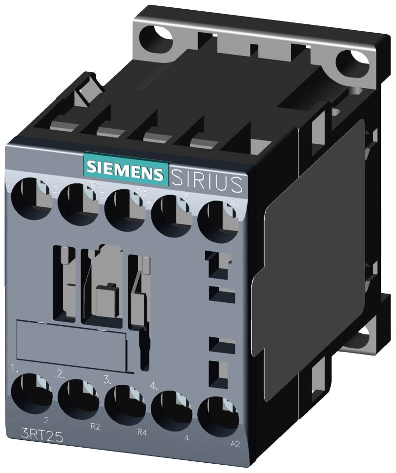 Črn Siemensov kontaktor SIRIUS z več priključki na sprednji strani in modelnim imenom '3RT25'.