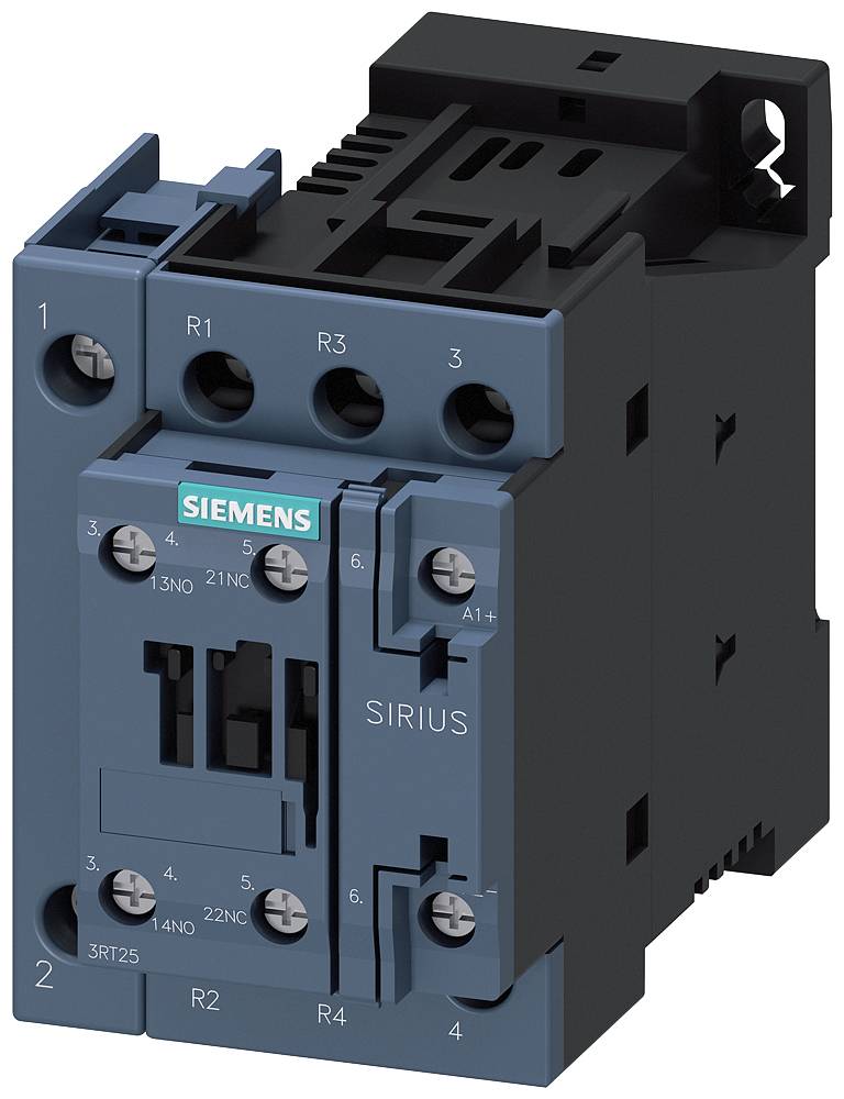 Siemensova električna kontaktorska naprava z modro sprednjico in črnim ozadjem. Označena z 'SIRIUS'.