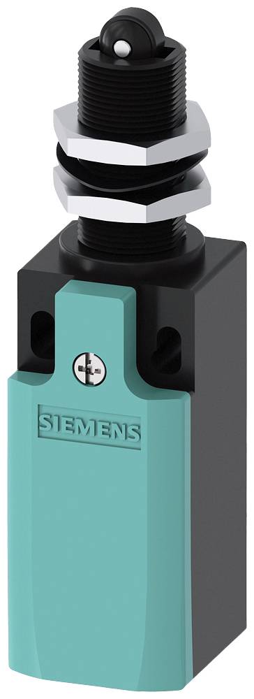 Cilindrični približevalni senzor, nameščen v črno-turkiznem plastičnem ohišju podjetja Siemens.