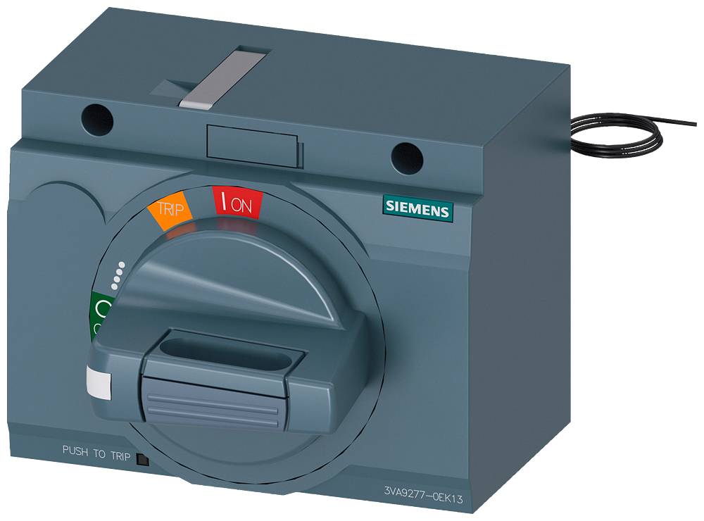 Siemensov električni odklopnik z rotacijskim stikalom. Zaslon prikazuje 'ON' in 'TRIP'. Kabli so na desni strani.