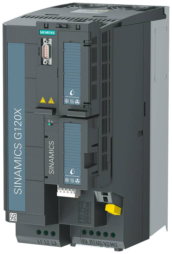 Električni frekvenčni pretvornik 'SINAMICS G120X' za industrijske aplikacije, prikazuje priključke in logotip blagovne znamke.