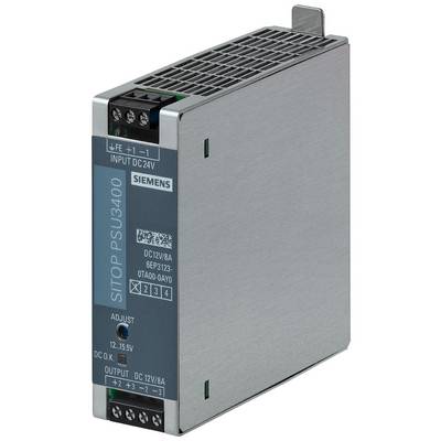 Pravokotni napajalnik z napisom 'Siemens SITOP PSU3400', vhod DC 24V, izhod DC 12V/8A, srebrno ohišje.