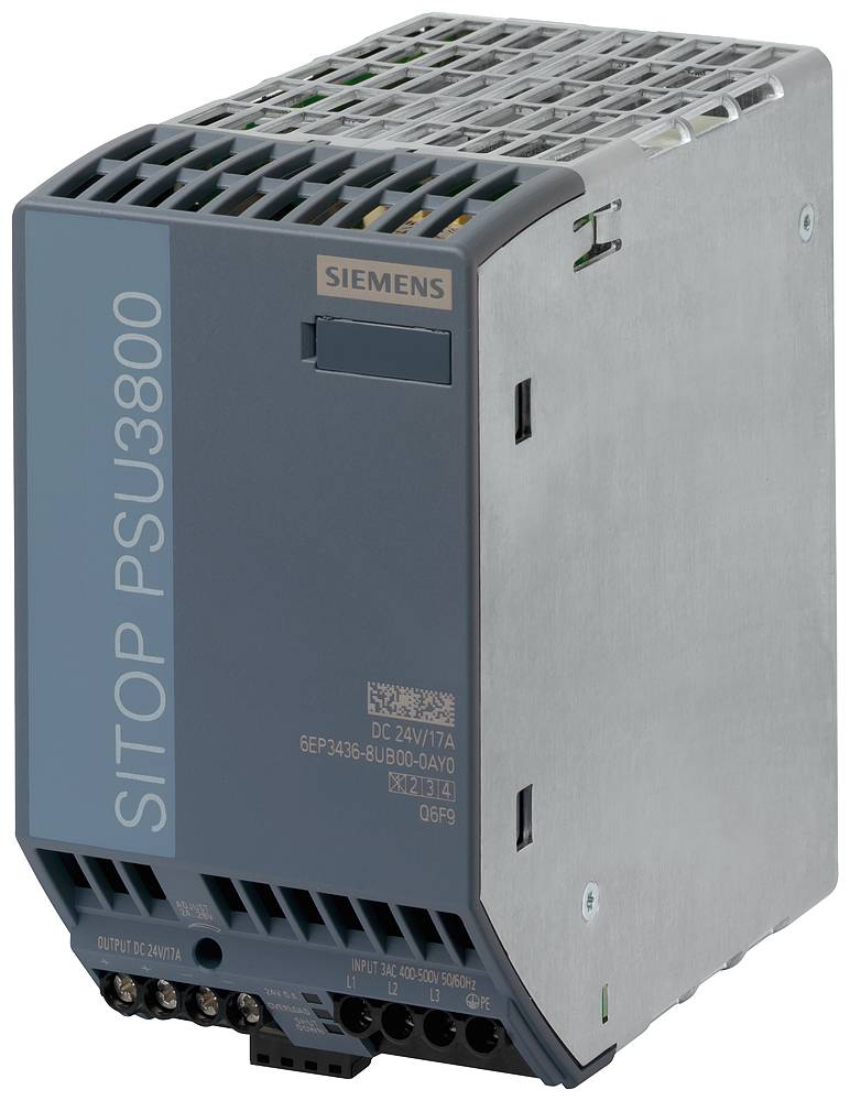 Siva ohišje Siemens modela SITOP PSU3800, napajalni vir za industrijske aplikacije.