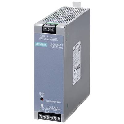 Napajalni vir Siemens, model SCALANCE PS9230 PoE, za napajanje naprav, z več priključki zgoraj in spodaj.