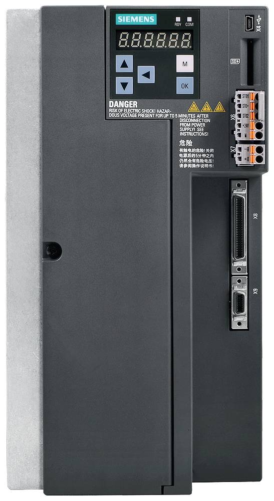 Črna elektronska naprava Siemens z digitalnim zaslonom in več priključki ob strani.
