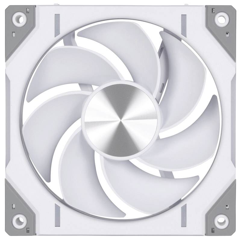 Beli računalniški ventilatorji s sivimi poudarki v kvadratni ohišju. Krila ventilatorja so simetrično razporejena. Primerni za hlajenje.