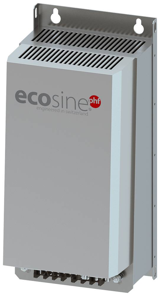 Kompakten, srebrnosiv feritni filter Schaffner z logotipom 'ecosine' in napisom 'engineered in Switzerland' na sprednji strani.