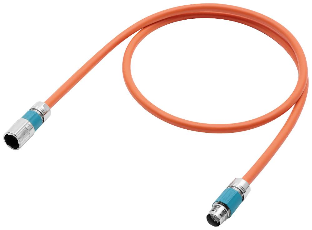 Oranžni povezovalni kabel z dvema vtičema na konceh, primeren za industrijske aplikacije.