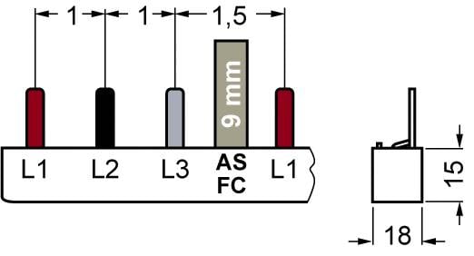 'AS FC'-letvica z L1, L2, L3, L1 razdalja: 1 mm, 1,5 mm ob 'AS FC', višina: 9 mm. Stranski pogled prikazuje 15 mm višine, 18 mm širine.