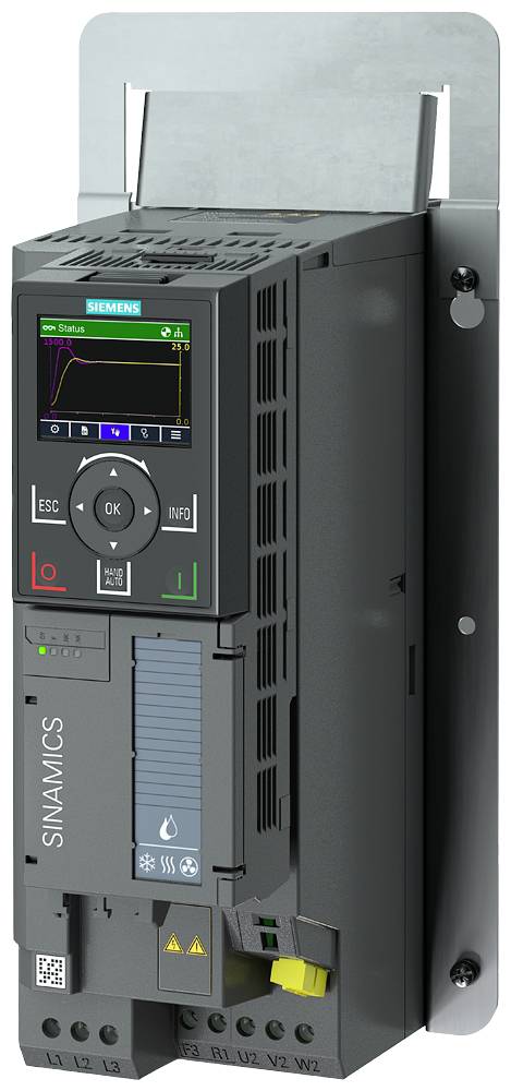 Elektronska naprava, verjetno frekvenčni pretvornik, z zaslonom in več priključki. Vidna je blagovna znamka 'Siemens'.