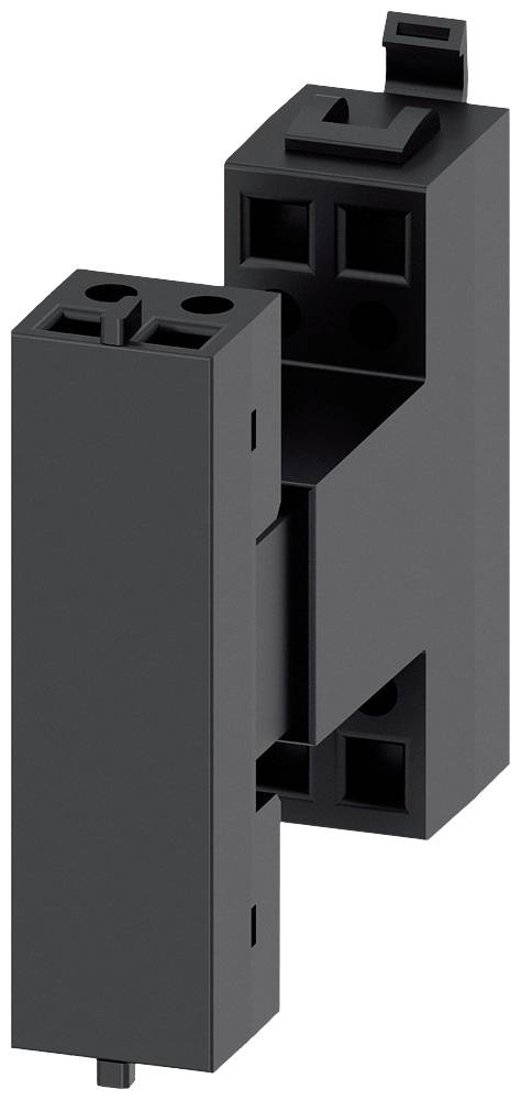 Črn plastični del z več pravokotnimi in kvadratnimi izrezi, verjetno povezovalni element ali adapter.