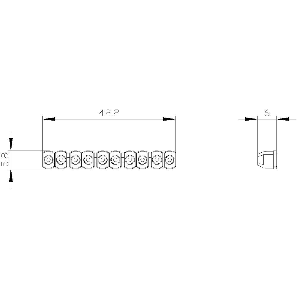 Tehnična risba objemke z devetimi priključki, skupna dolžina 42,2 mm, širina 5,8 mm, višina 6 mm.