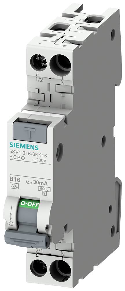 Prikaz Siemensovega RCBO zaščitnega stikala B16, 230V. Prikazuje preklopni stikalni element v stanju 'vklop/izklop', oblikovan za varnostno elektriko.