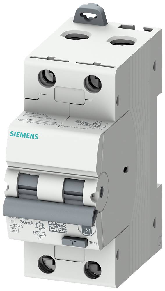 Siv Siemensov stikalni odklopnik z dvema stikaloma, primeren za 230 V, prikazuje tehnične podrobnosti in logotip Siemensa.