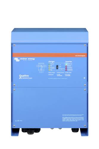Moder Victron Energy Quattro pretvornik-polnilnik. Prikazuje upravljalno ploščo z indikatorji stanja polnjenja in pretvarjanja.