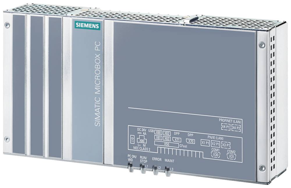 Industrijski računalnik Siemens SIMATIC Microbox PC s priključki za elektriko, USB in LAN, kompakten in primeren za industrijske aplikacije.