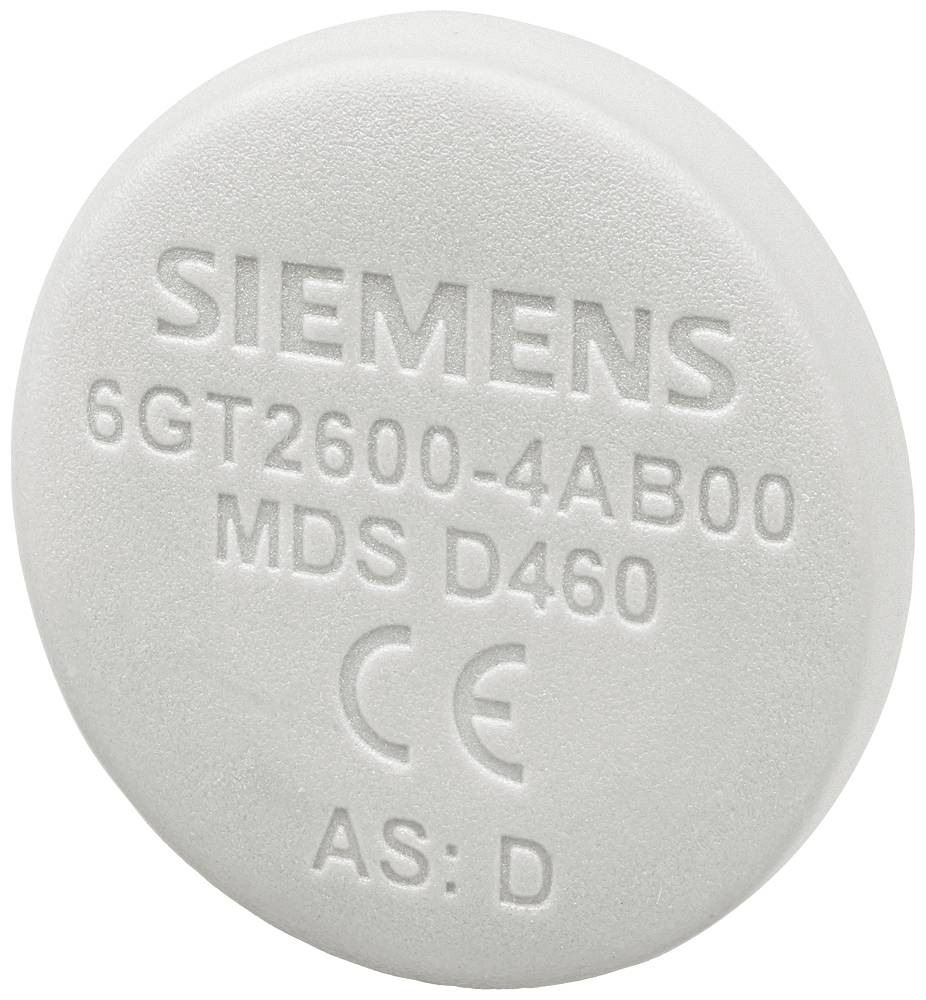 Okrogel, bel RFID-tag z napisom 'SIEMENS 6GT2600-4AB00 MDS D460'. Oznaka CE in dodatne oznake so vidne.