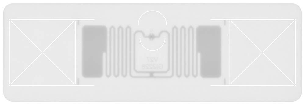 RFID nalepka z vgrajenim čipom in anteno je vidna. Služi brezžičnemu zajemanju in prenosu podatkov.