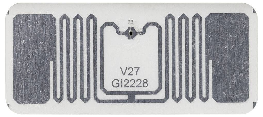 RFID-oznaka z natisnjeno kodo in antensko strukturo. Uporablja se za brezkontaktno identifikacijo in izmenjavo podatkov.