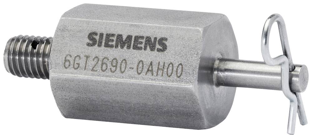 Cilindričen kovinski del z napisom 'SIEMENS 6GT2690-0AH00', levo navojni vijak, desno zatič s kovinsko sponko.