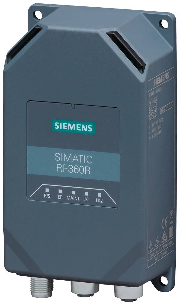 Sivo napravo Siemens SIMATIC RF360R za industrijsko avtomatizacijo z dvema priključkoma na spodnji strani in različnimi indikatorji stanja.