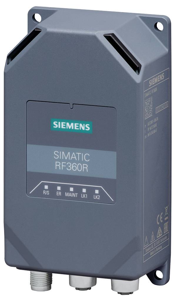 Industrijska naprava z napisom 'Siemens SIMATIC RF360R', sivo ohišje, priključne vtičnice spodaj. RFID-bralnik za industrijske namene.