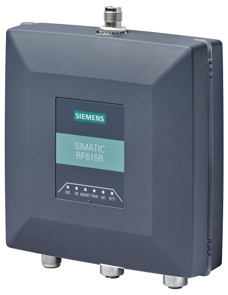 'Siemens SIMATIC RF615R' RFID-bralnik v sivem ohišju. Prikazuje statusne indikatorje in priključke spodaj. Zasnovan za industrijske aplikacije.