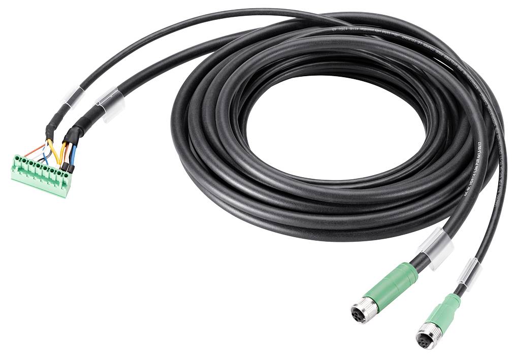Dolg črn kabel z zelenimi vtičnimi priključki, primeren za tehnične aplikacije, prikazuje priključke in kabelske konce.