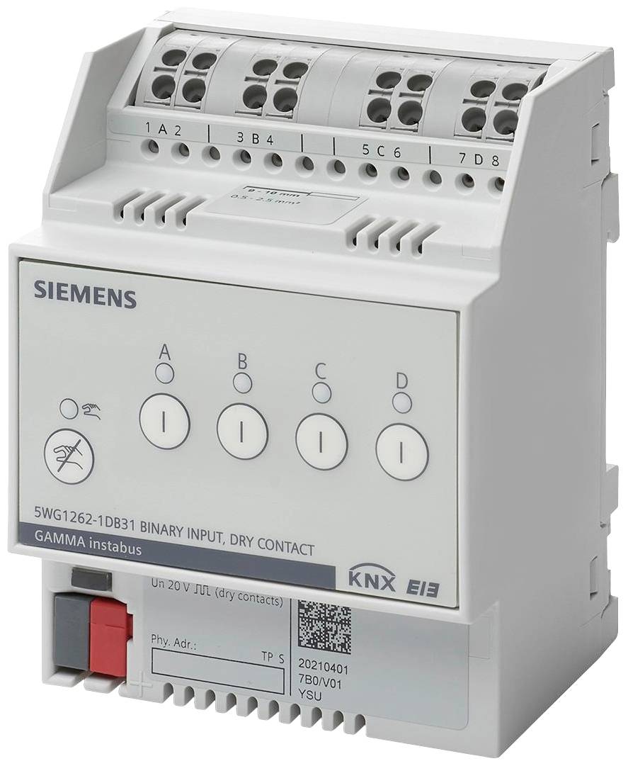 Siemensov KNX EIB binarni vhodni modul za upravljanje hišne avtomatizacije, s štirimi tipkami, oznakami in priključnimi sponkami.