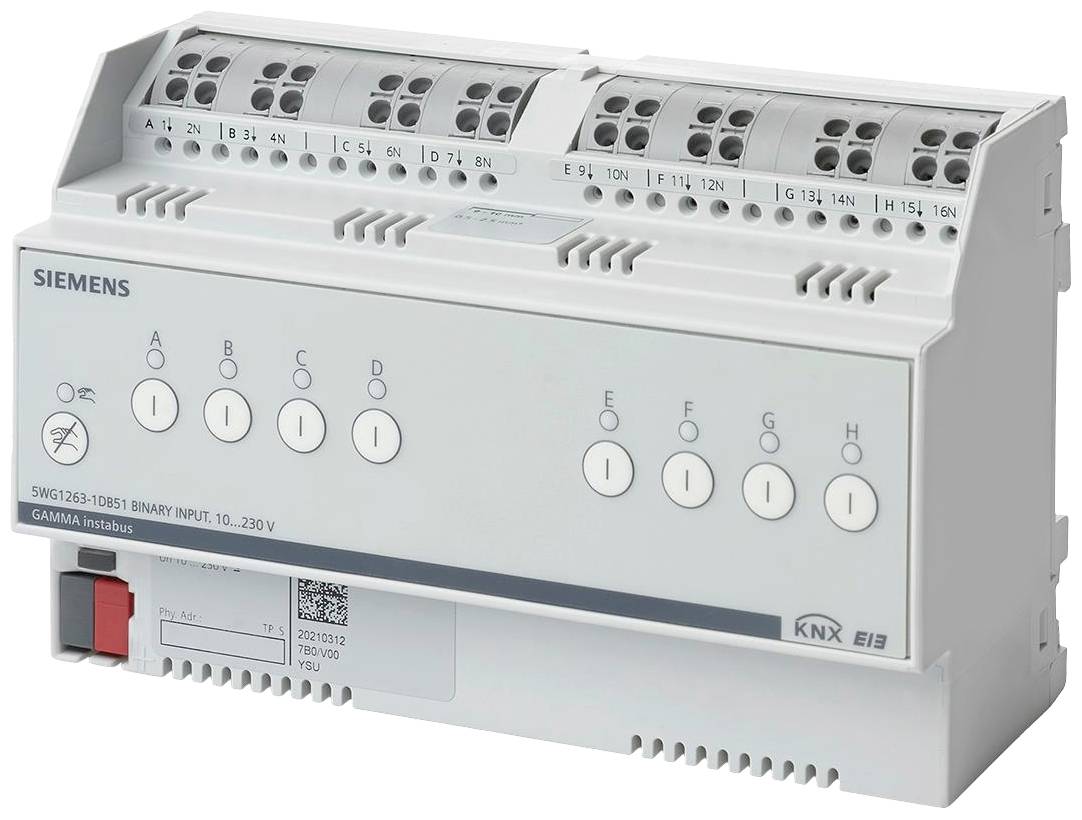 Siemensov KNX binarni vhodni modul z več priključki in stikali za avtomatizacijo stavb.
