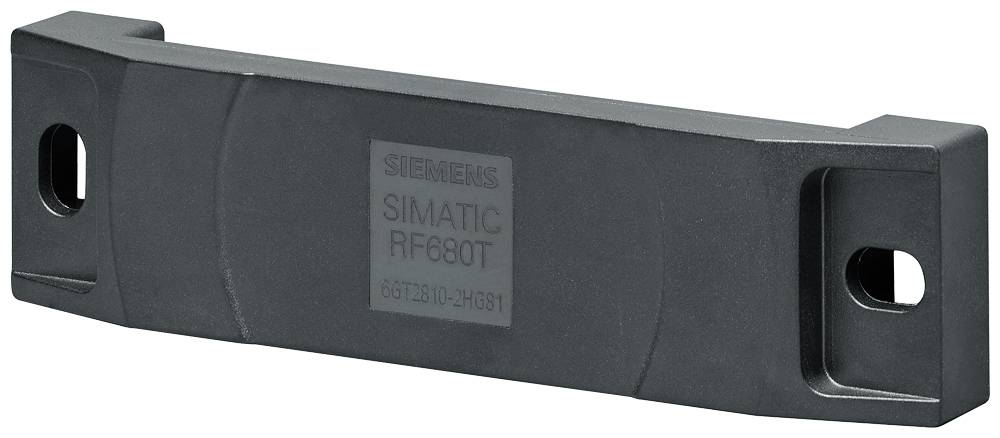 Črn Siemens SIMATIC RF680T RFID-transponder, pravokotne oblike, z dvema pritrdilnima luknjama na koncih, vgraviran naziv izdelka.