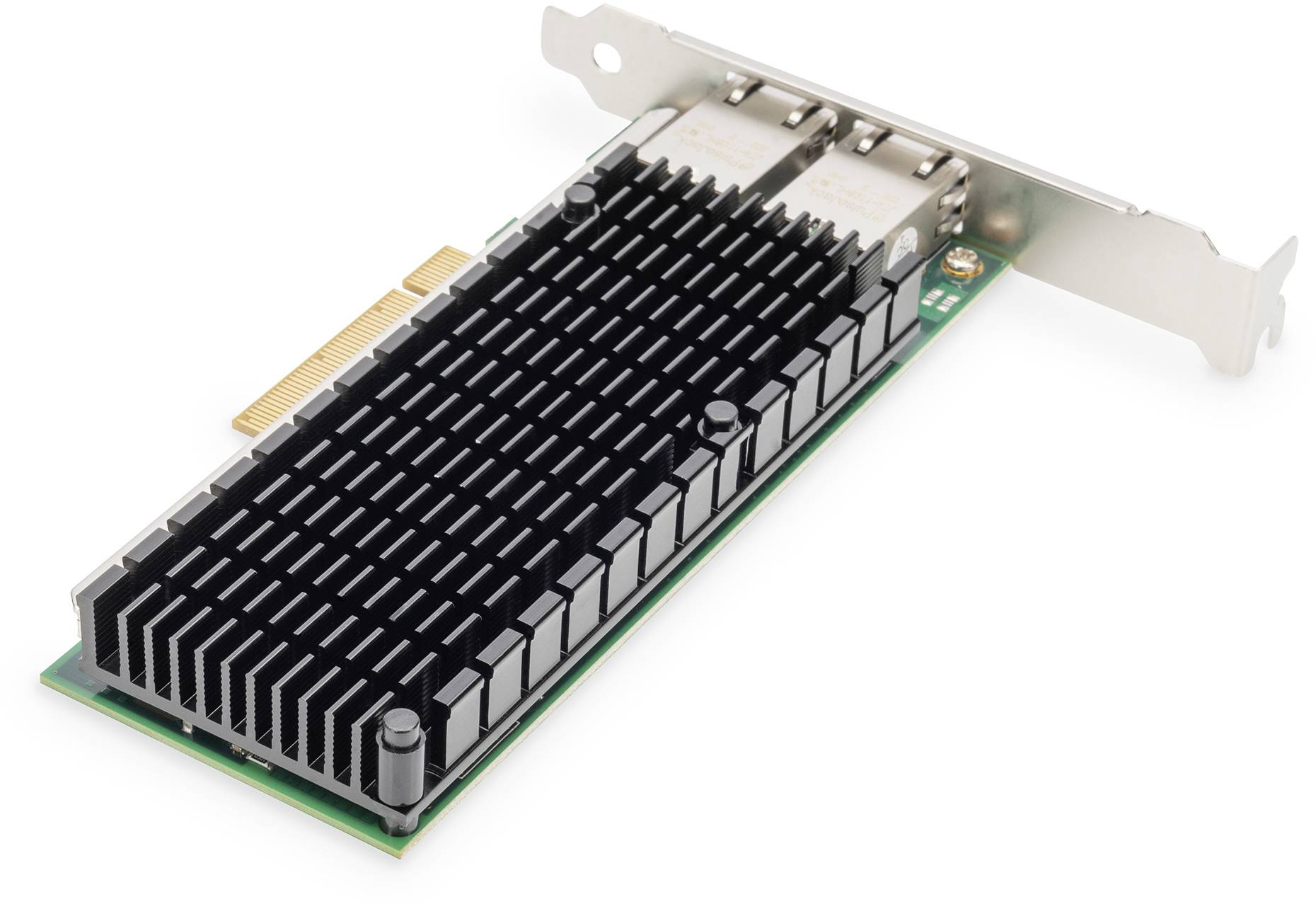 Omrežna kartica z dvema ethernetoma priključkoma in črnim hladilnikom, primerna za visokohitrostni prenos podatkov v strežnikih.