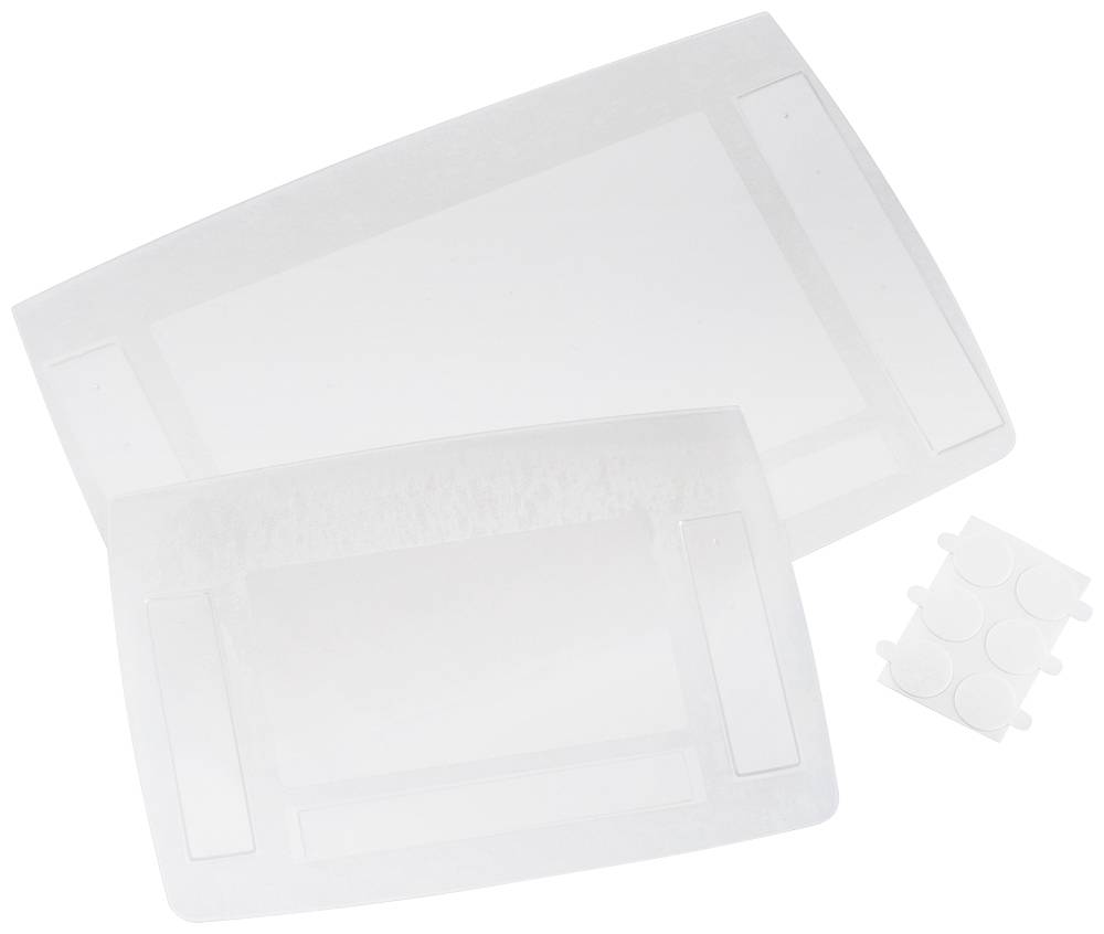 Dve prozorni zaščitni foliji za tipkovnico različnih velikosti in majhen plastičen pladenj z okroglimi izboklinami sta vidni.