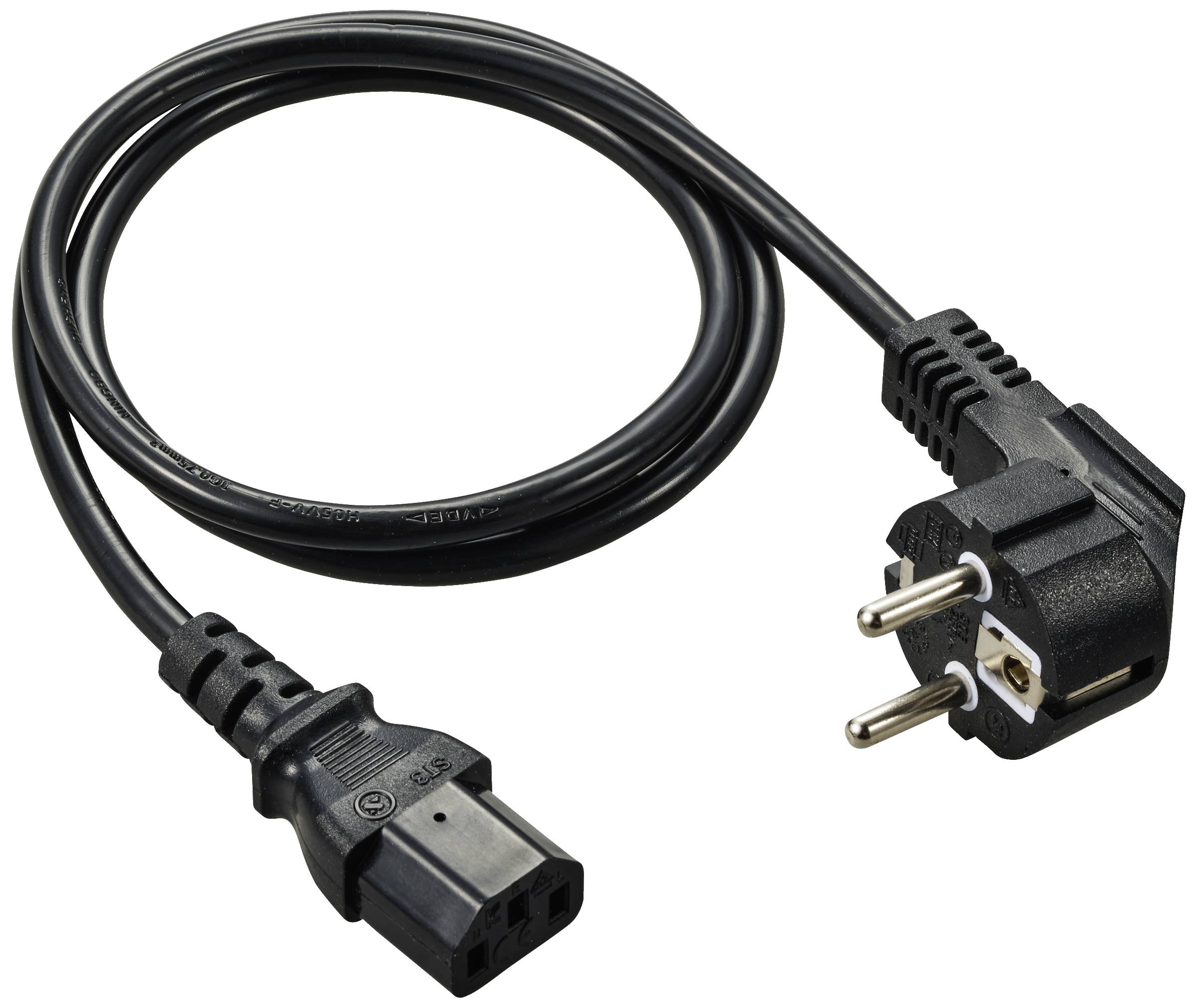 Črn mrežni kabel s Schuko vtičem na levi in vtičem za hlajene naprave na desni, primeren za električne naprave in računalnike.