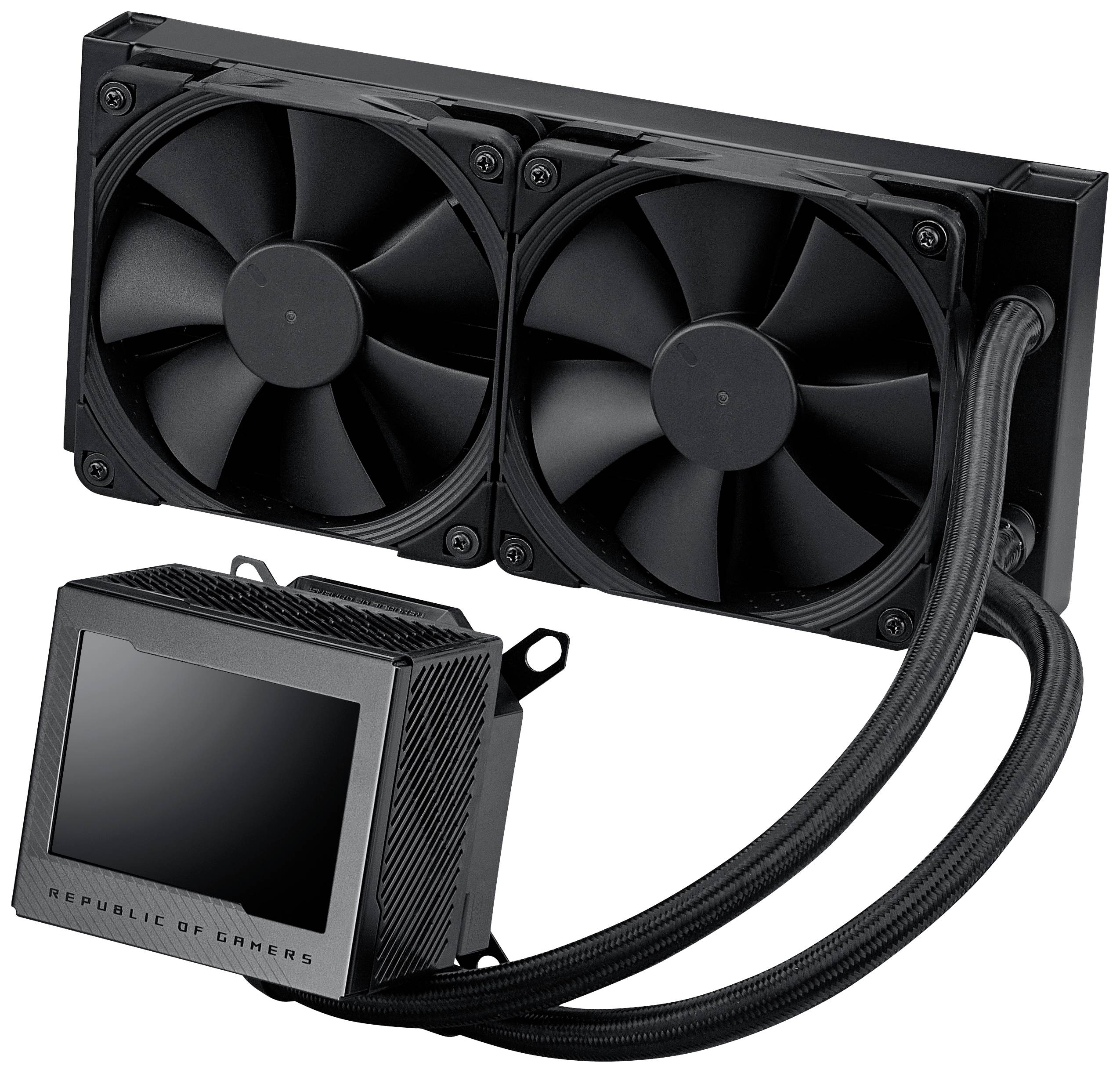 Črn procesorski hladilnik na vodni osnovi z dvema ventilatorjema in zaslonom na enoti črpalke. Primeren za gaming računalnike.