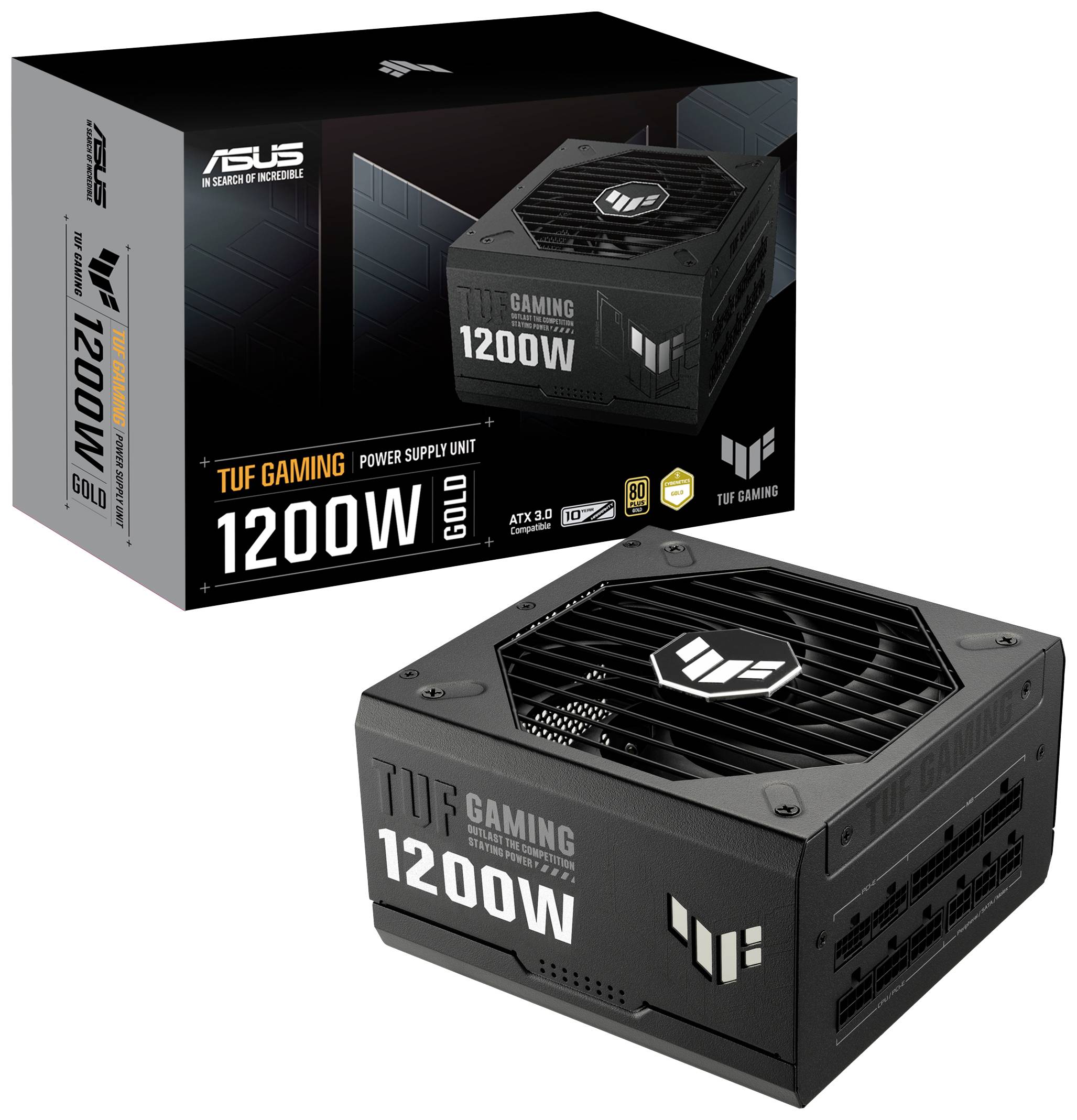 Prikazana je embalaža in napajalni adapter ASUS TUF Gaming 1200W Gold. Primeren za ATX 3.0 z 80 PLUS Gold certifikatom.
