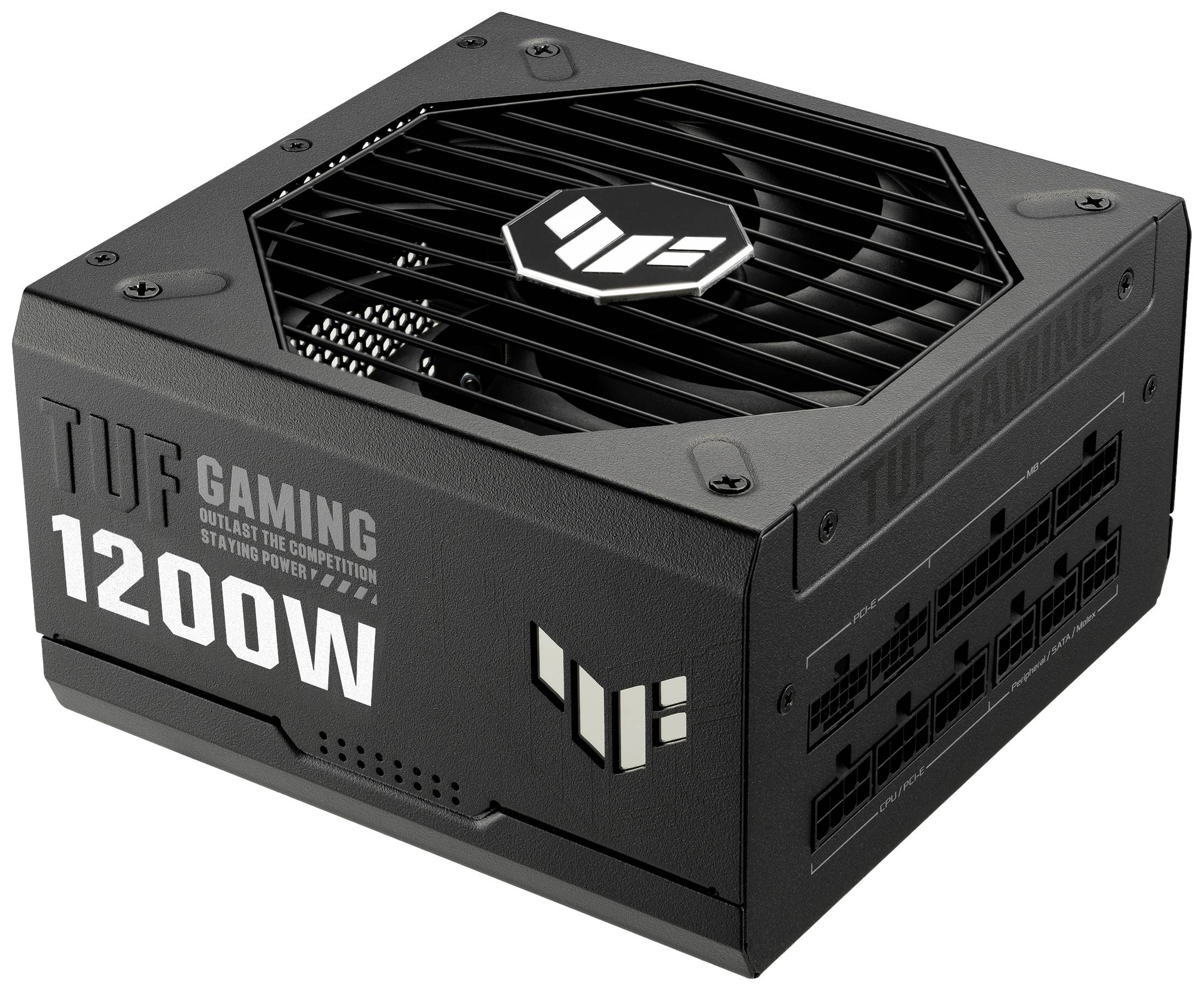 Črn napajalnik za računalnik z napisom 'TUF Gaming' in '1200W'. Vidne rešetke ventilatorja in več priključkov.