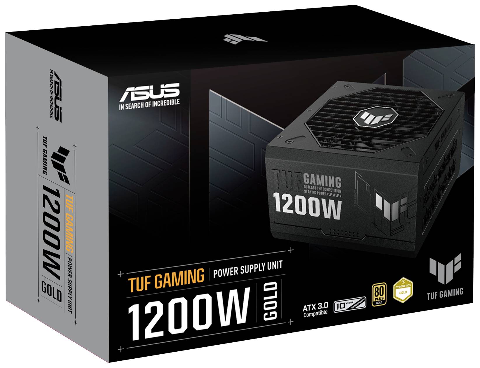 Embalaža ASUS TUF Gaming 1200W Gold napajalnika, ATX 3.0, z upodobitvijo izdelka in logotipom, primerna za zmogljive gaming računalnike.