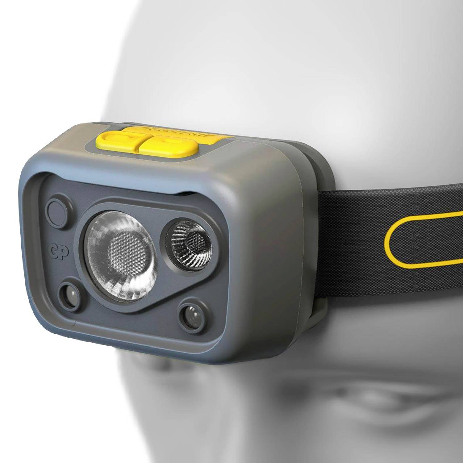 Siva in rumena čelna svetilka z nastavljivo gumijasto traknico na sivem modelu glave. Ima več načinov osvetljevanja.
