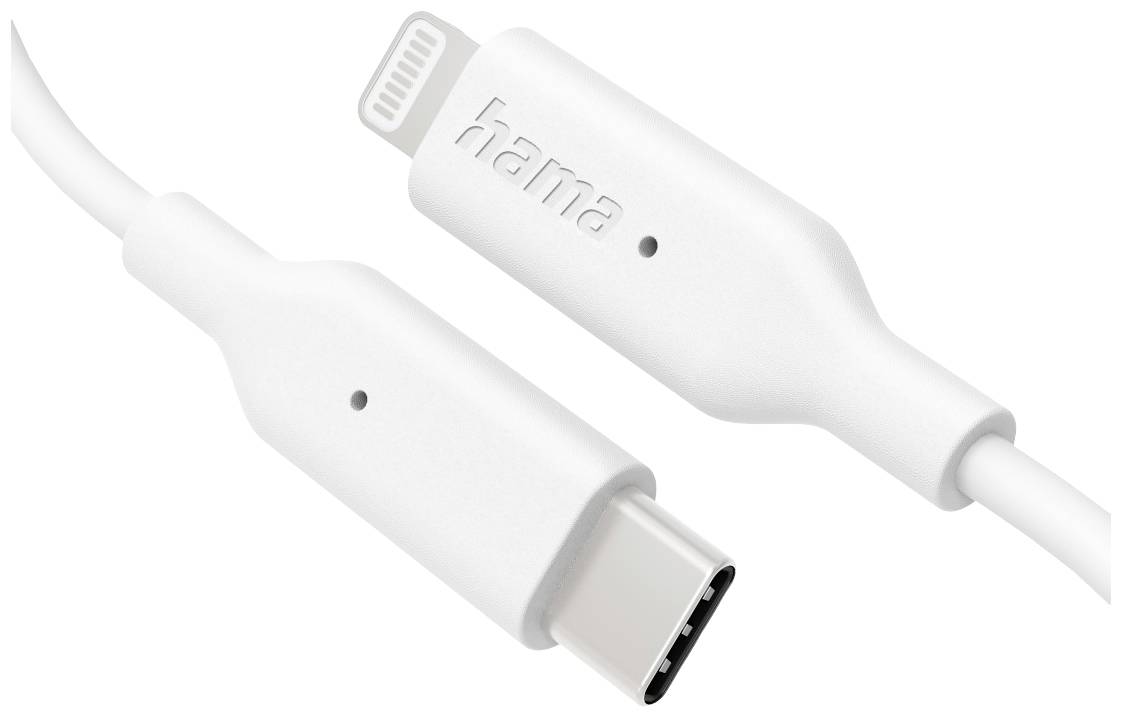 Dva bela kabelska vtikača, eden z USB-C in drugi z Lightning priključkom, pri čemer je na Lightning vtikaču logotip znamke 'hama'.
