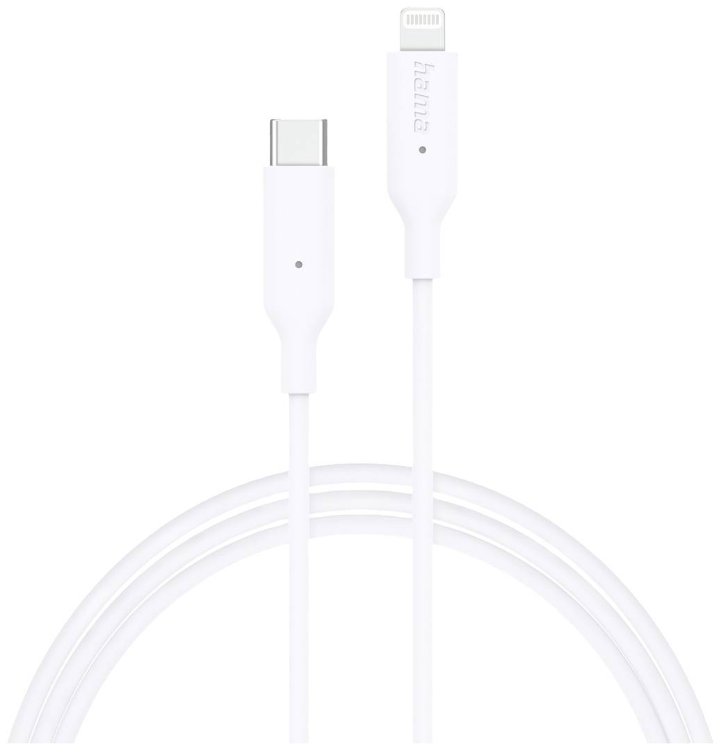 Bel kabel z USB-C in Lightning priključkoma, primeren za polnjenje Apple naprav.