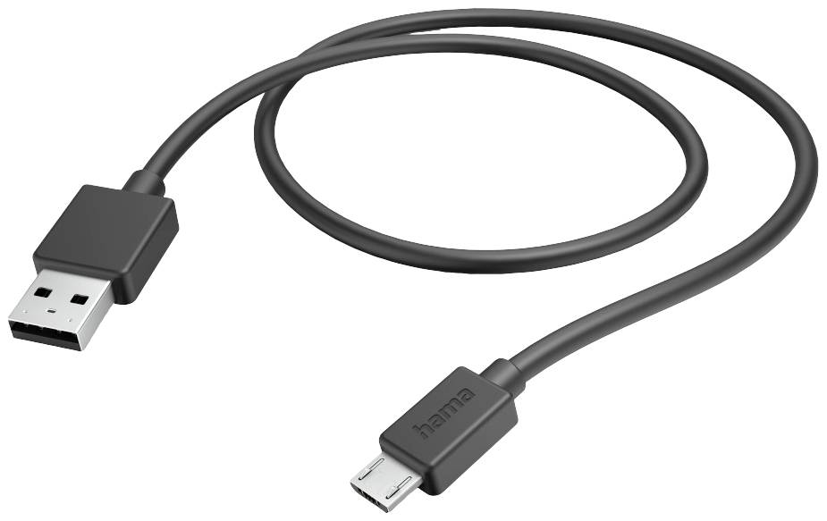 Črn USB kabel s standardnim USB-A vtičem in micro-USB vtičem na drugem koncu, na beli podlagi.