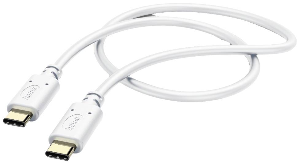 Belo USB-C-kabel s priključkoma na obeh koncih, pripravljeno za prenos podatkov ali polnjenje naprav.